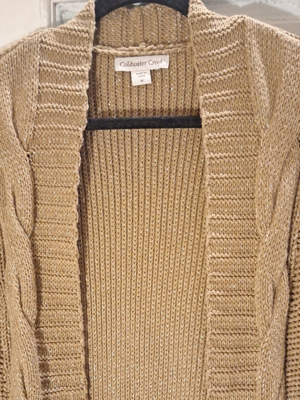 Coldwater Creek Metallic Tan Ribbed Open-Front Cardigan